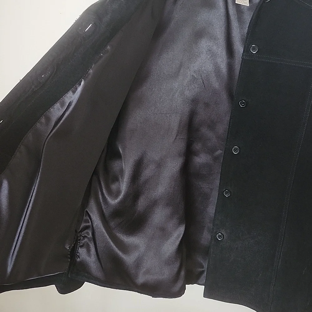 Vintage AMI black genuine leather button up jacket, satin lined, women's large